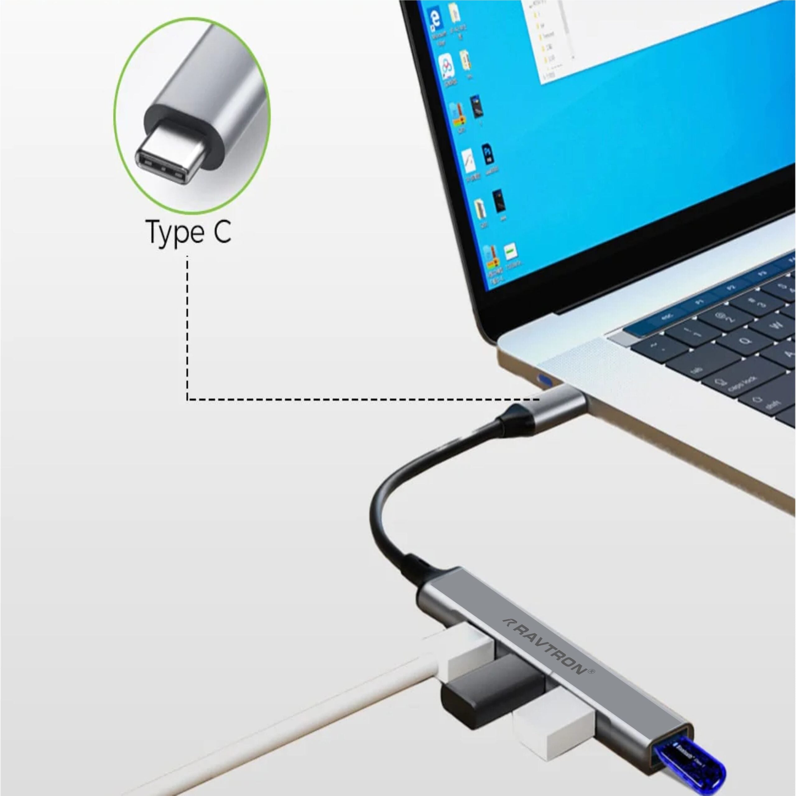 Ravtron Type C to 4 Port USB 3.0 HUB Metal